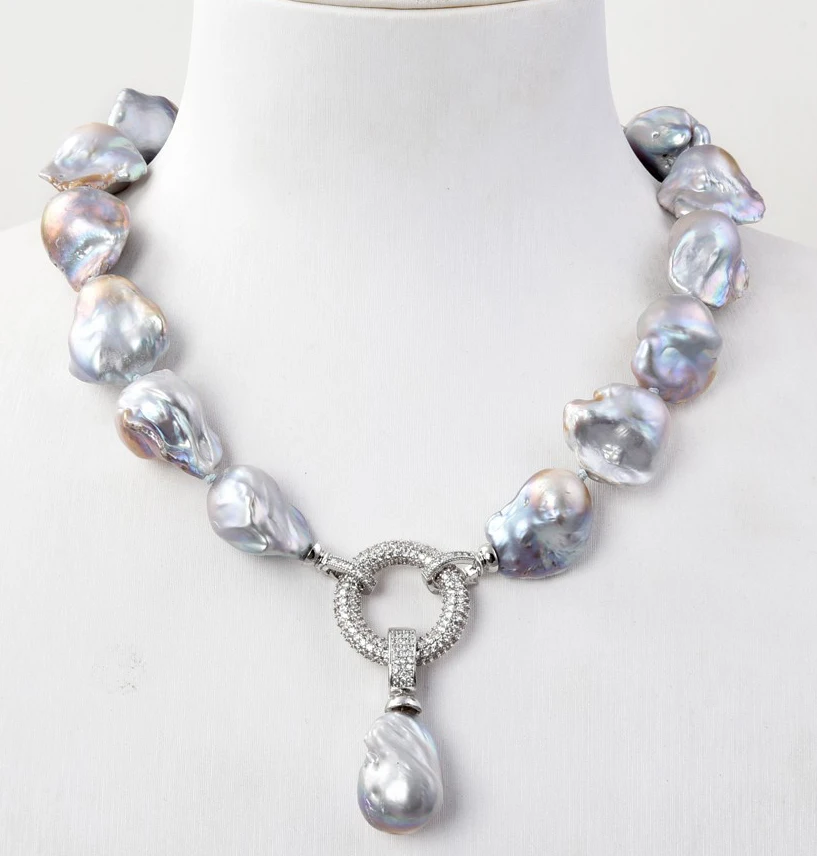 

HABITOO 20" Gray Keshi Pearl Necklace Baroque Pearl Pendant CZ Pendant Jewelry Chains Necklace for Woman жемчужное ожерелье