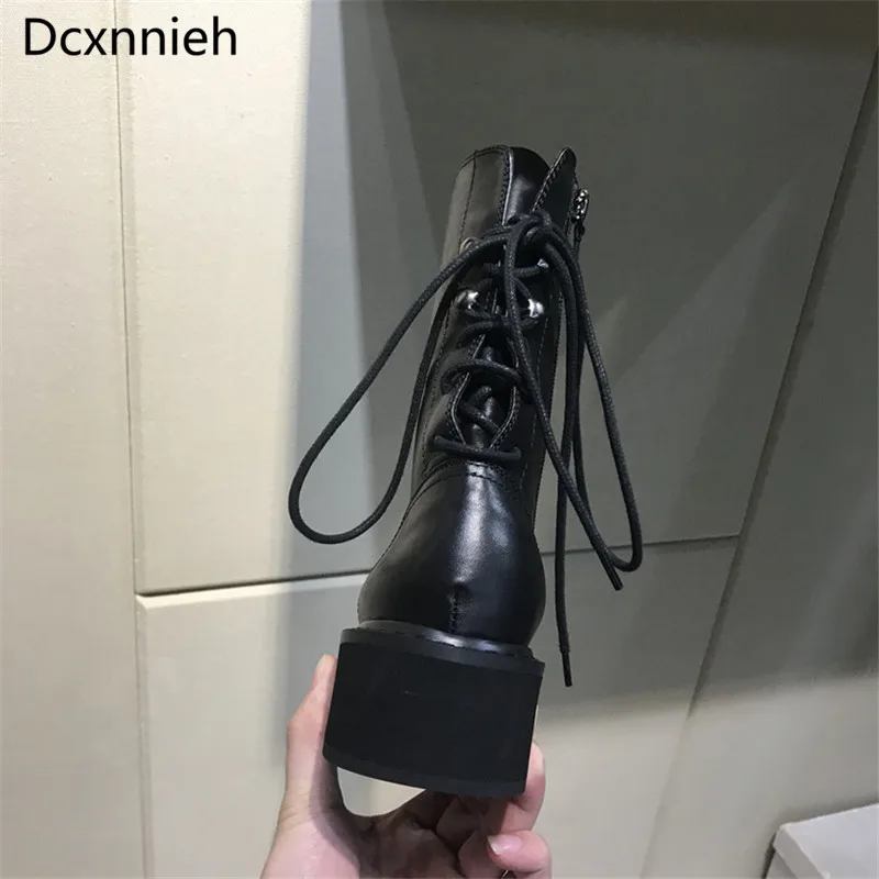 

Dcxnnieh Black Sexy Ankle Boots Women Lace-Up Round Toe Zipper-Sid Thick Bottom Boots 2020 Autumn New Leather Botas Mujer Girl
