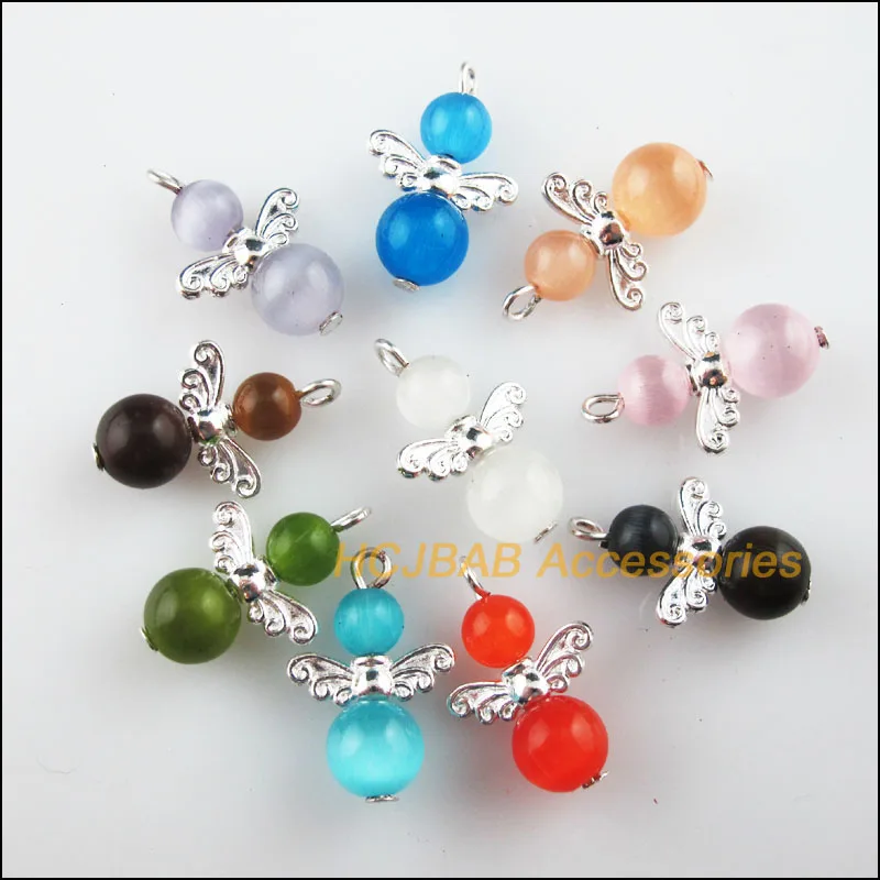 

20Pcs Silver Plated Wings Mixed Stone Beads Angel Charms Pendants 16x26mm