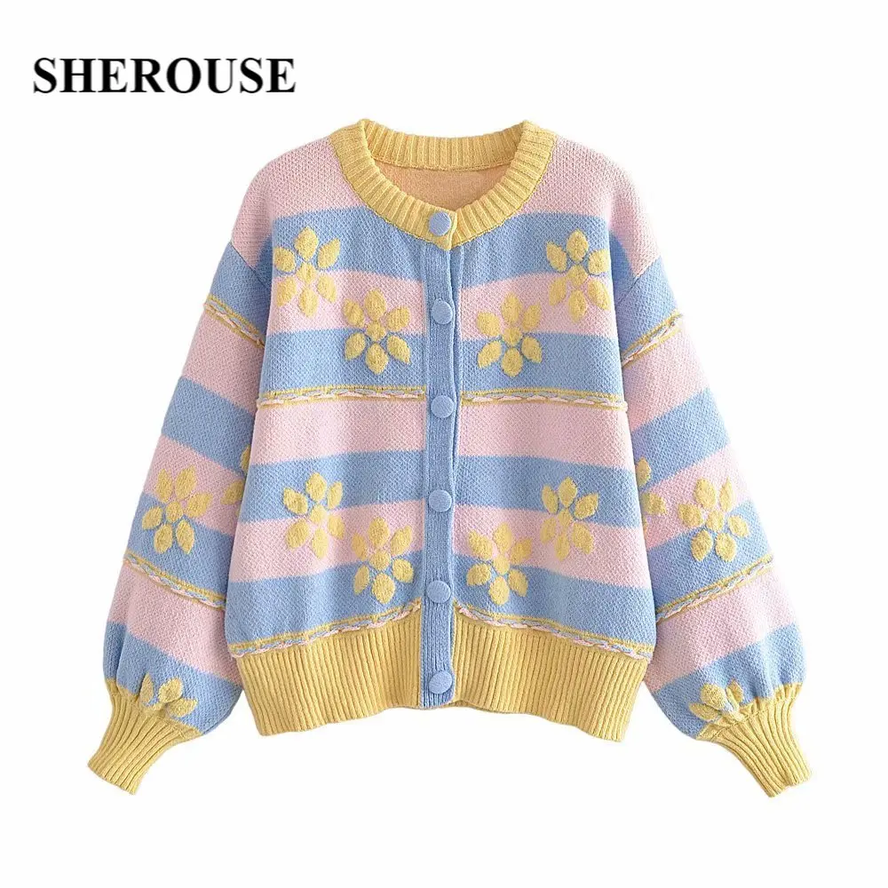 

SHEROUSE 2021 Модный женский жаккардовый вязаный кардиган с цветочным принтом, винтажный вязаный свитер с длинным рукавом и круглым вырезом, осен...