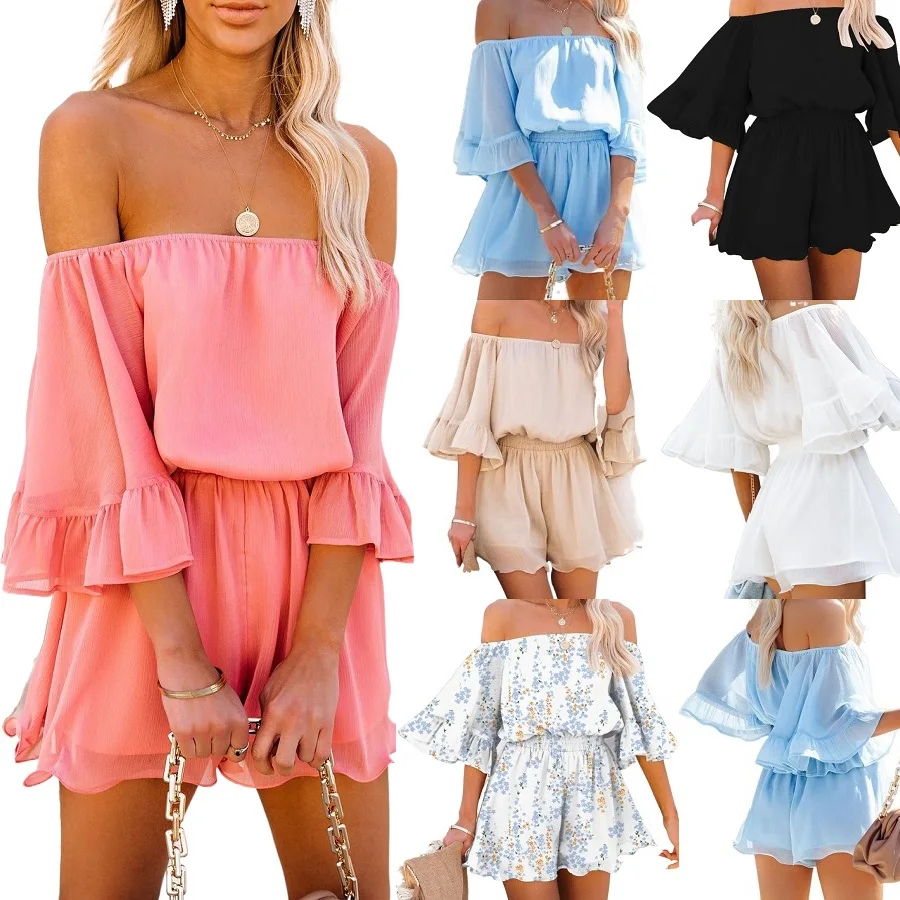 

2021 Chiffon Playsuits Women Summer Off the Shoulder Strapless Short Jumpsuits and Rompers Ladies Beach Casual Bodysuits