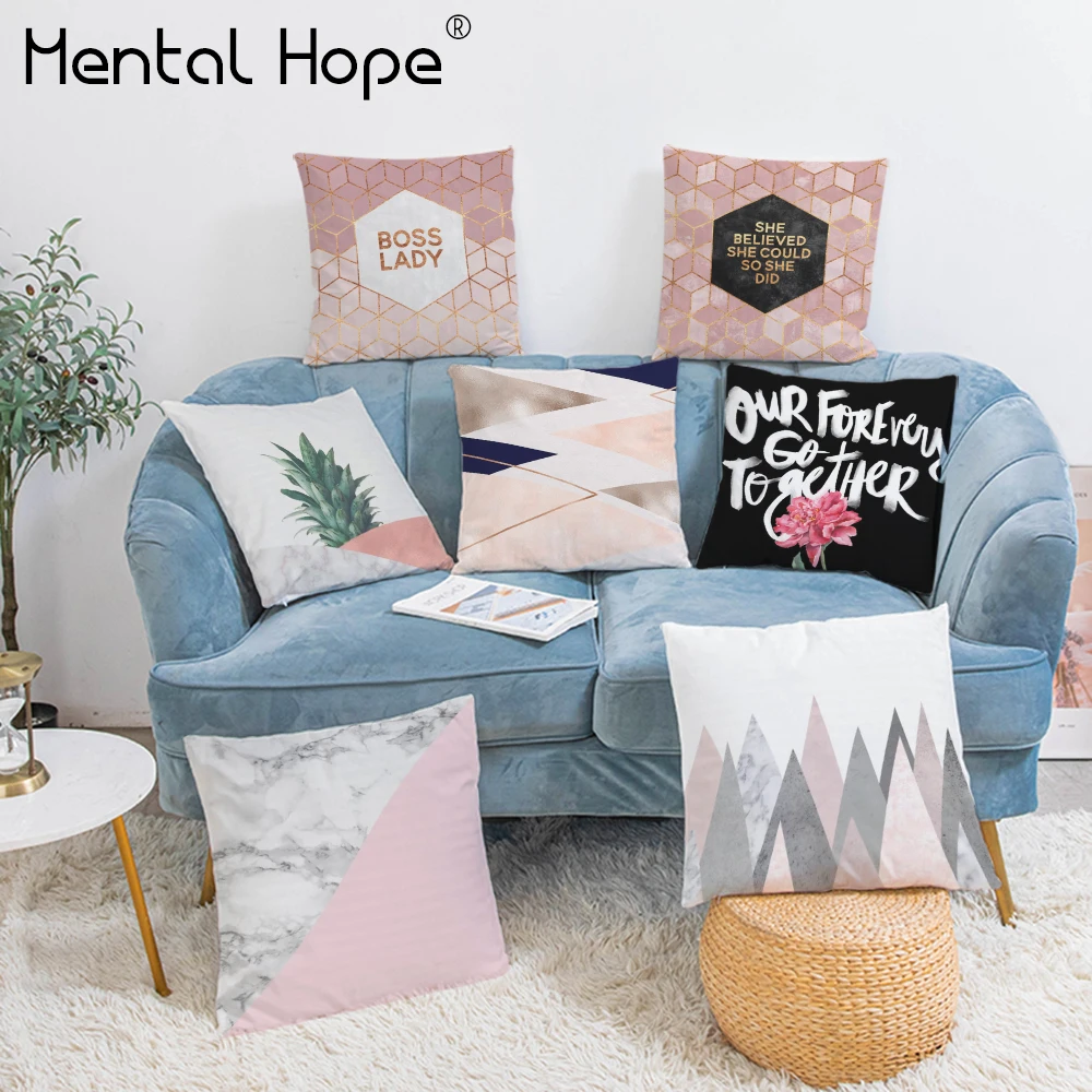 

Pink Geometric Print Cushion Cover Home Decor Letter Word Decorative Throw Pillow Cover Plush Living Room Square Pipllowcase