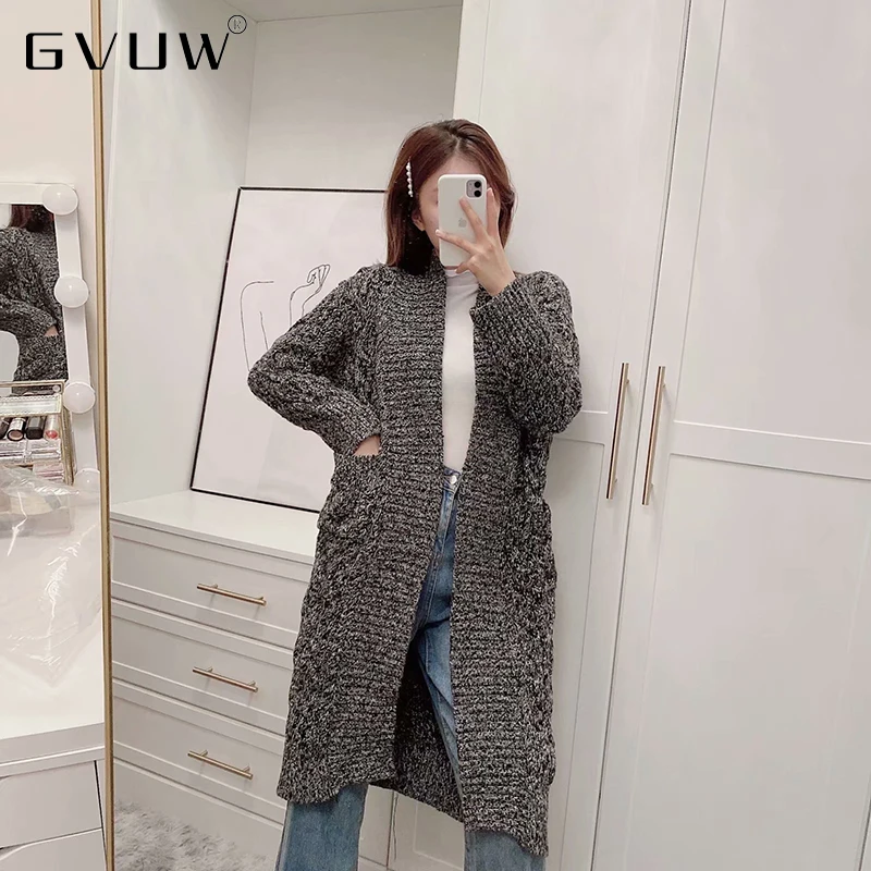 

Женский длинный вязаный кардиган GVUW, черный свободный кардиган средней длины, Осень-зима 2021