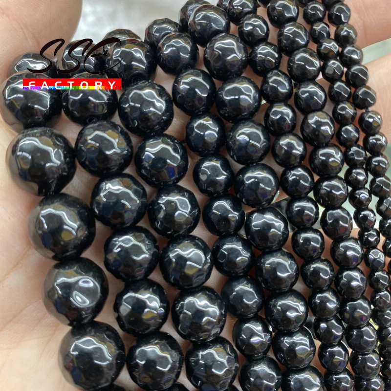 

Faceted Natural Black Agates Onyx Beads Round Loose Spacer Stone Beads 4 6 8 10 12mm For Jewelry Making DIY Bracelet 15''strand