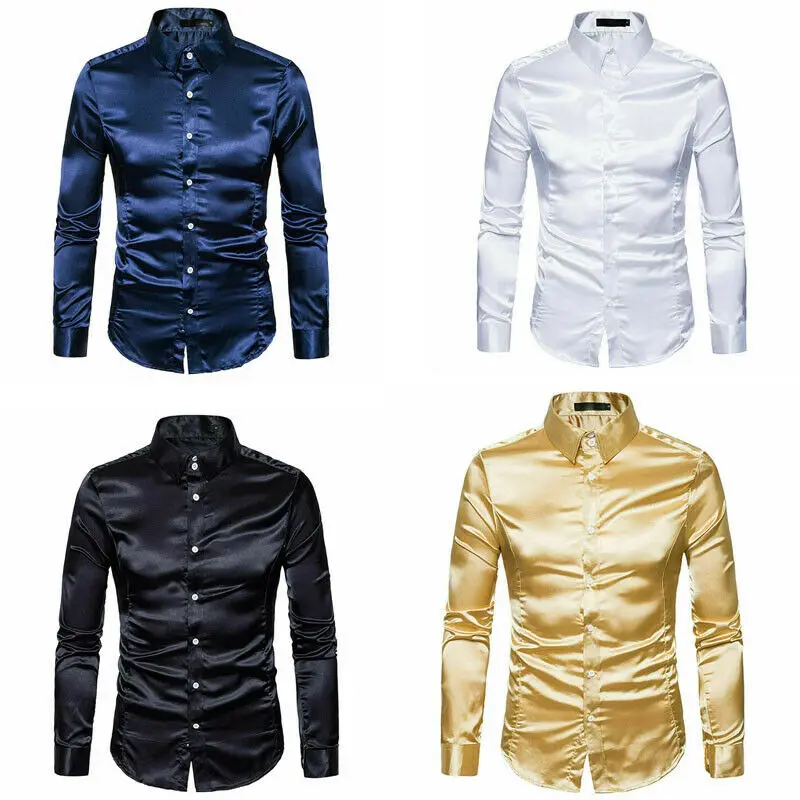 Мужская шелковая атласная рубашка с длинным рукавом вечерние официальные