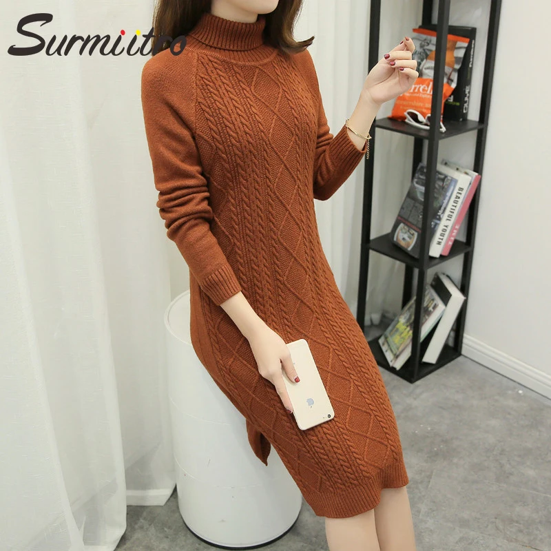 Surmiitro Knitted Long Sweater Dress Women Turtleneck Winter 2019 Korean Ladies Tricot Sleeve Jumper And Pullover Female | Женская