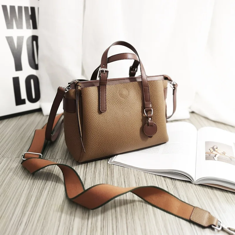 

2020 new top layer cowhide contrast color handbag shoulder bag messenger bag casual fashion large capacity leather female bag