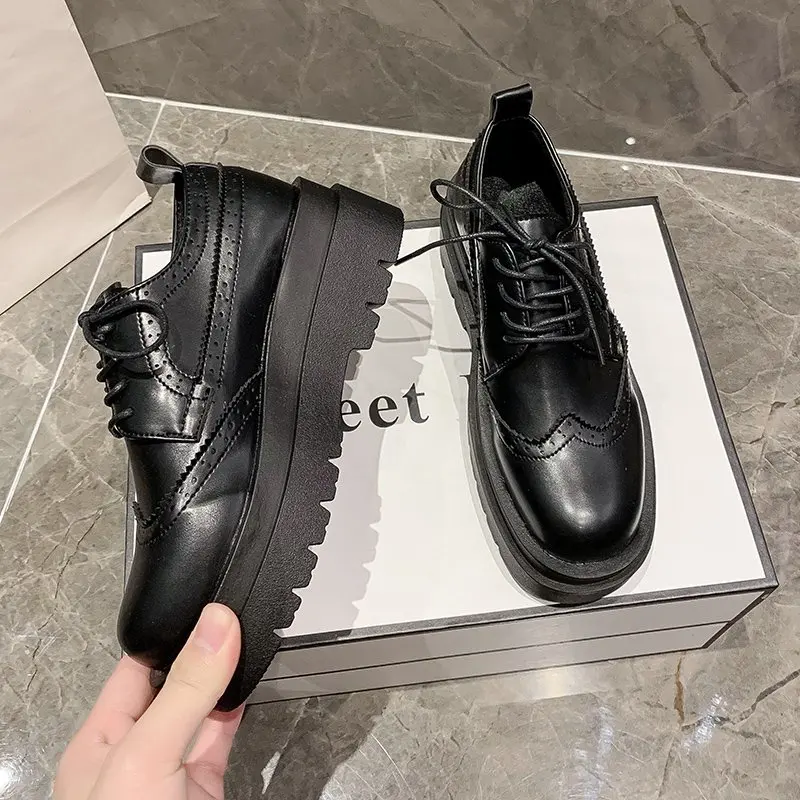 

Round Toe Lace Up Ladies Casual Shoes Women Chunky PU Leather Oxfords Flat Platform Shoes Woman Brogues Vintage