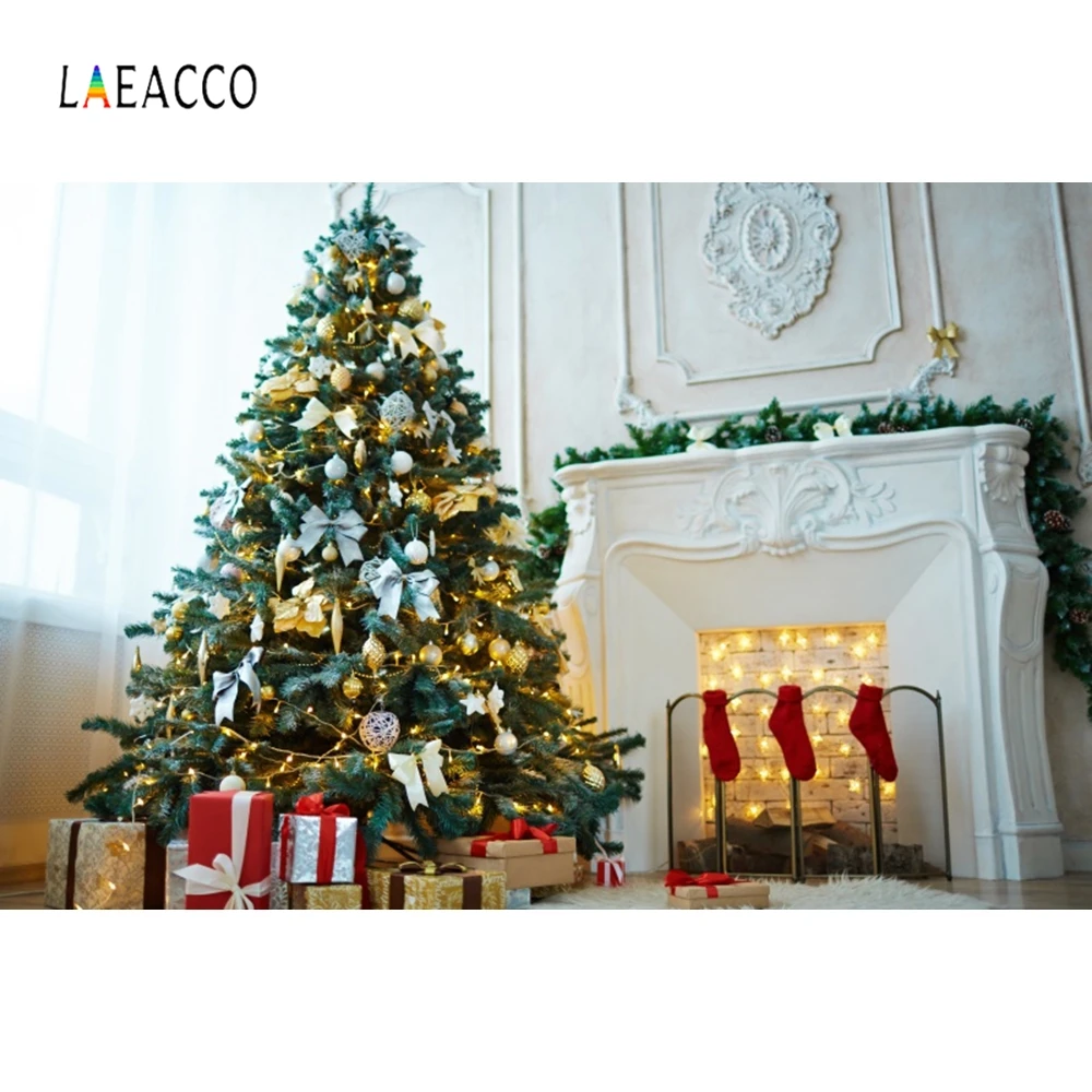 Laeacco Рождественские фоны для фотосъемки подарки на дерево камин огни чулки Фото