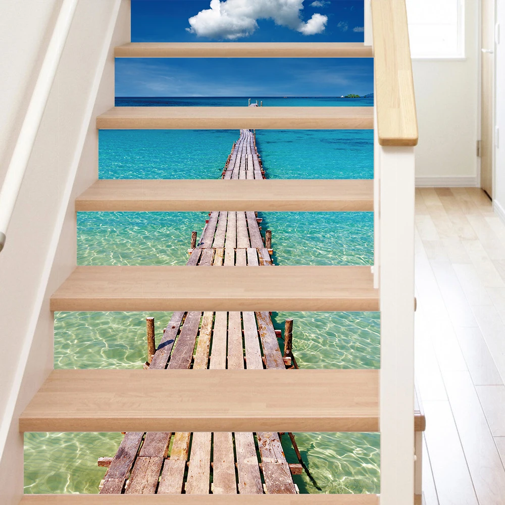 

6pcs/set Seaside Wooden Bridge Stair Stickers Staircase Tiles Wall Sticker Home Decor Self-adhesive Waterproof Wallpaper
