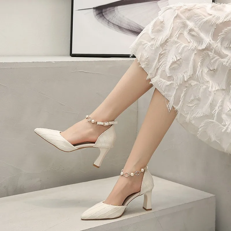 

2021 Spring and Summer New All-Match Pearl Rhinestone High Heels Pointed Toe Shallow Mouth Fashion Single Shoes Women