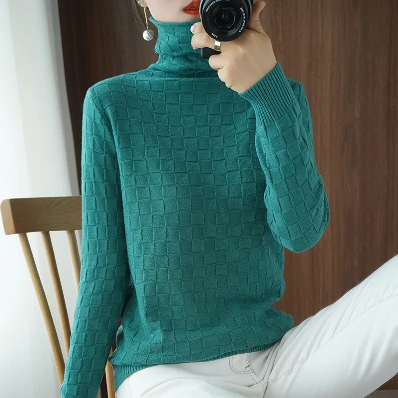 

New solid color woolen sweater women pile pile collar knit inner wear fashionable plaid turtleneck top bottoming shirt
