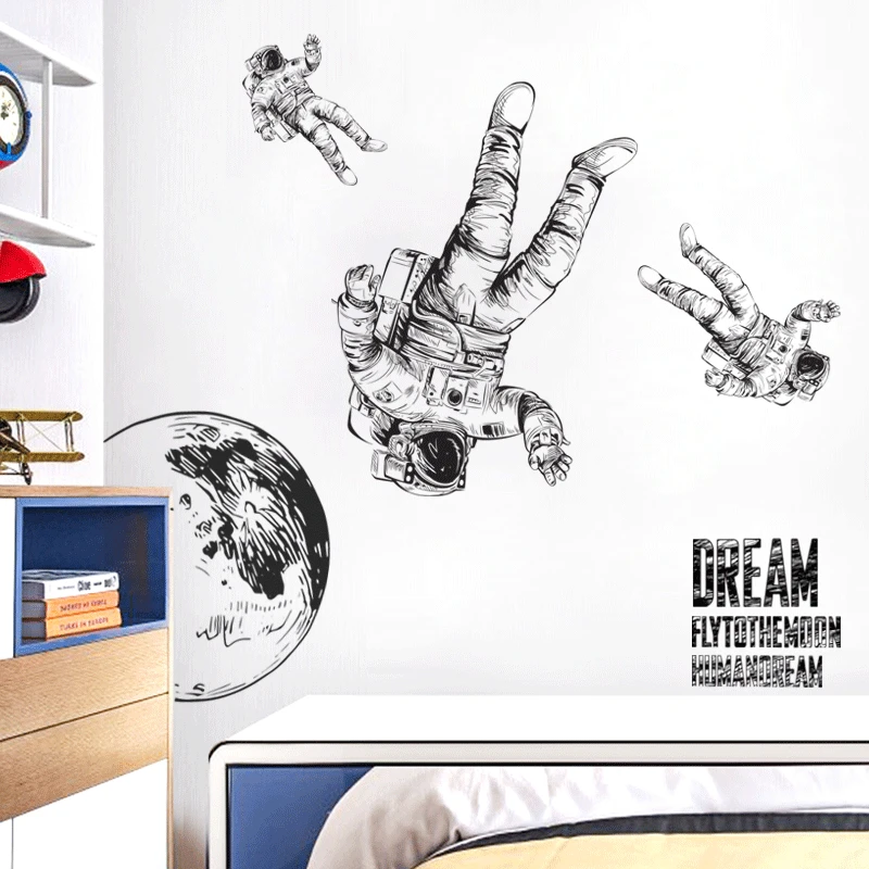 

Outer Space Astronaut Wall Stickers for Boys Rooms Sketch Style Earth Decorative Vinyls for Walls Kids Room Decoration 120*127cm