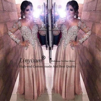 2020 plus size blush pink satin formal prom dresses with silver lace long sleeves floor long evening dresses custom prom dress