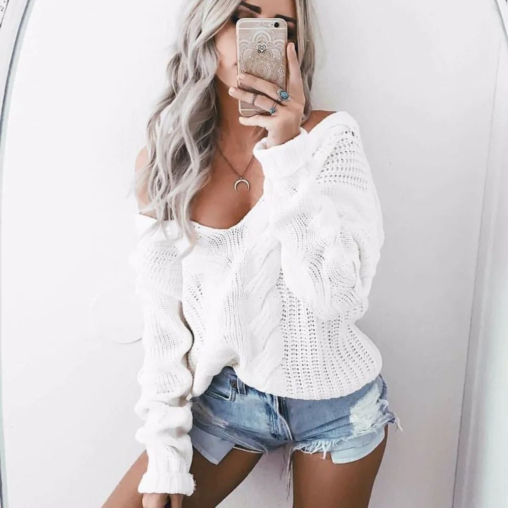 Winter Knitted Sweater Women 2018 Autumn White Pullover Sexy Deep v Neck Long Sleeve Jumpers Pull Femme sweter mujer | Женская одежда