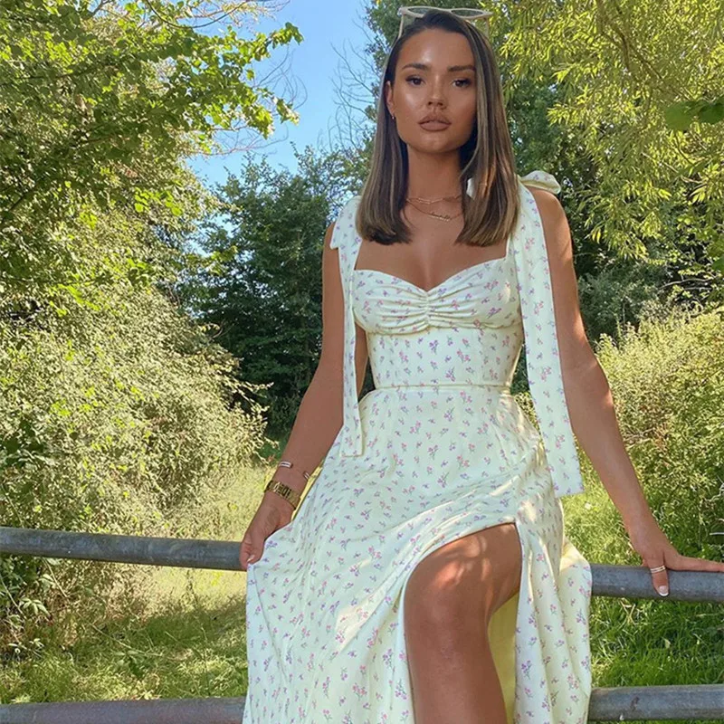 

Yellow Print Dress Women Sexy Side Split Floral Ladies Dress Summer Sleeveless Tie Up Bow Strap Elegant Dresses Casual