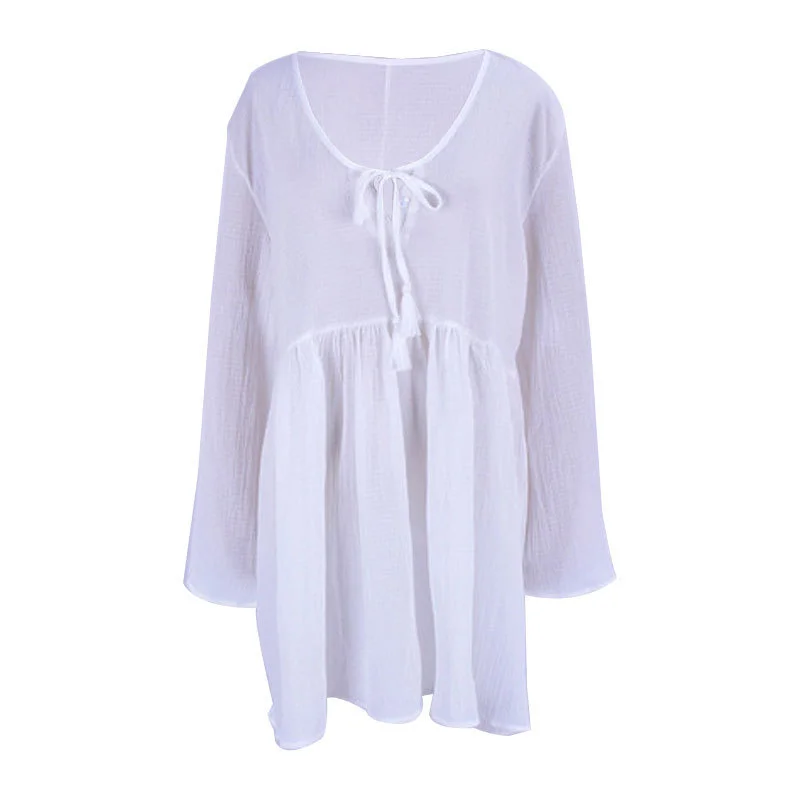 

New Wrinkled Fabric Loose Long Sleeve Beach Holiday Sun Protection Beach Coat Swimsuit Blouse Women's Skirt