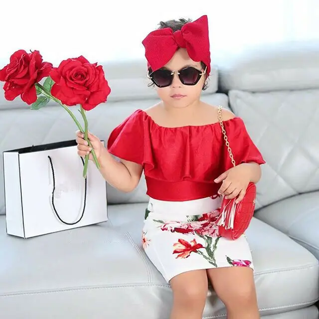

Pudcoco Summer Toddler Baby Girls Sets Off Shoulder Ruffles Red T-Shirts Floral Print Pencil Skirts Headband 3PCS Clothes 1-6T