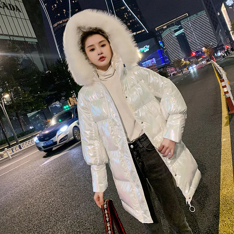 2020 New Long Glossy Hooded Parka Jacket Women Warm Thicken With Fur Collar White Long Winter Coats Parka