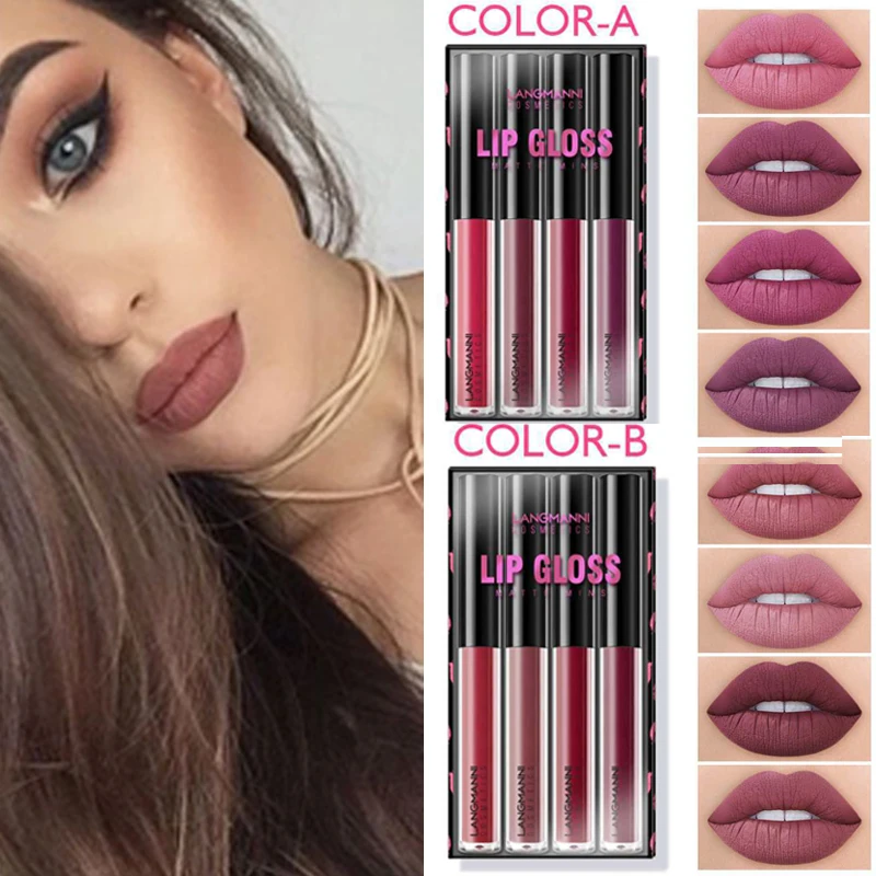 

Набор матовых блесков для губ 4 шт./компл., бархатная Матовая жидкая помада, водостойкая стойкая губная помада, женский набор косметических т...