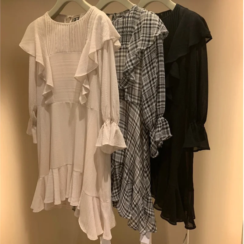 

2021 Summer Fairy Vestidos Mujer Sweet Ruffles Chiffon Perspectivity Shirt Dress O-neck Half Sleeve Loose Dresses for Women