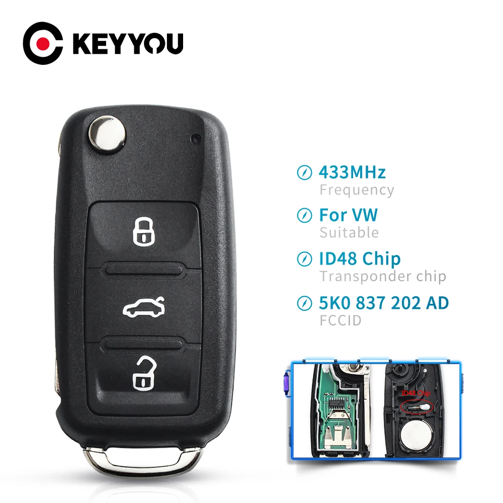 Пульт дистанционного управления KEYYOU с 3 кнопками 5K0837202AD 434 МГц чип ID48 для VW Volkswagen