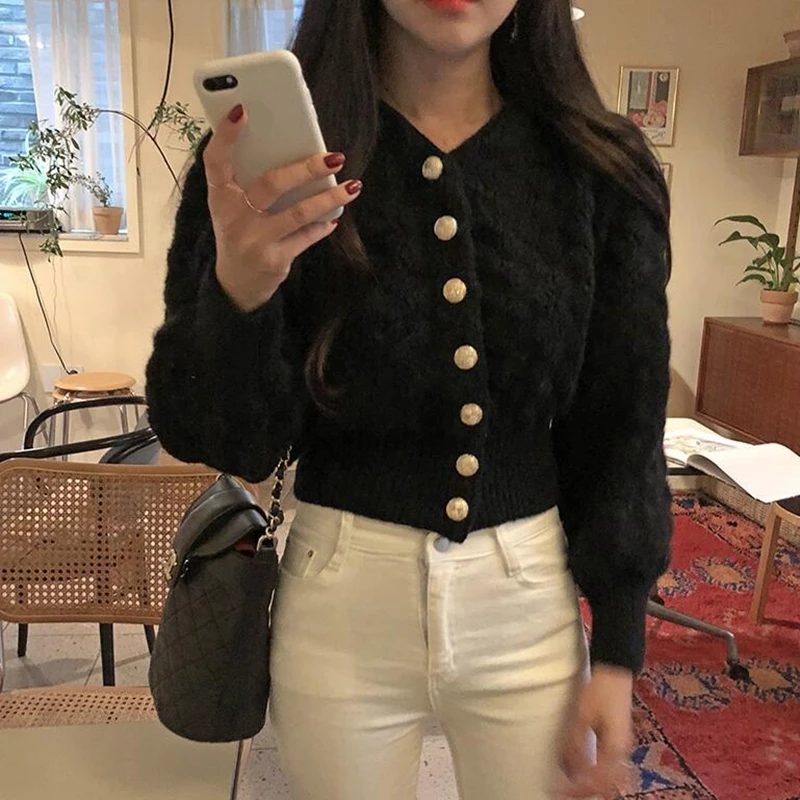 RealShe женский свитер,, v-образный вырез, длинный рукав-фонарик, на пуговицах, однотонный, Осень-зима, свитер для женщин, Повседневные свитера для женщин, кардиган