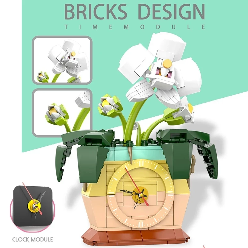 

220pcs Phalaenopsis Blume Potted Clock Building Blocks Creator MOC Bouquet Flowers Bricks Home Furnishings Toys For Children