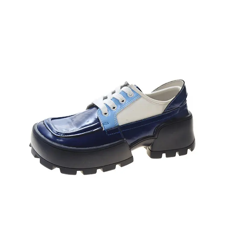 

Thick sole with heel casual shoes black lace-up color matching shoes women autumn British style thick sole square toe