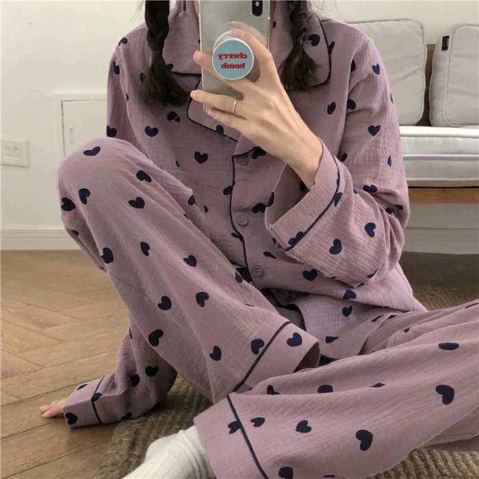 

2021new Autumn Pajamas Suit Women's Korean-style Love Long-sleeved Top Pants Home Wear Two-piece Suit