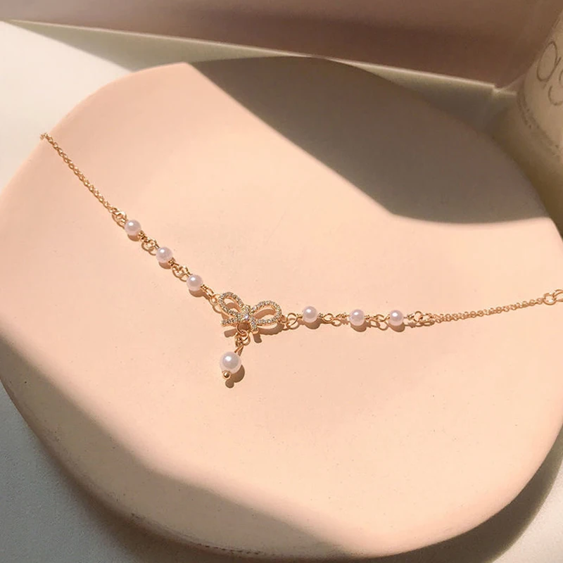 

Luxury Rhinestone Bow Pearl Bracelet For Women Charming Wedding Gold Color Bracelet Accessories Fashion Ladies Party Jewelry