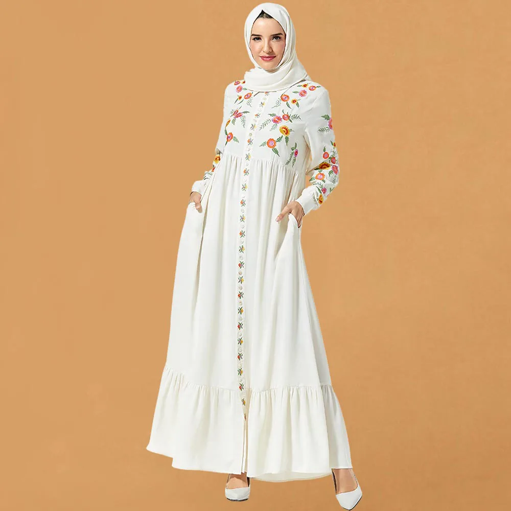 Женское мусульманское платье без хиджаба Abaya белое вечернее с вышивкой в