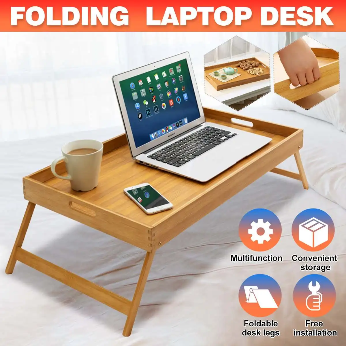 

Wooden Folding Laptop Table Breakfast Serving Bed Trays Adjustable Foldable Computer Desk Stand Bed Sofa Lap Tray Writing Tray