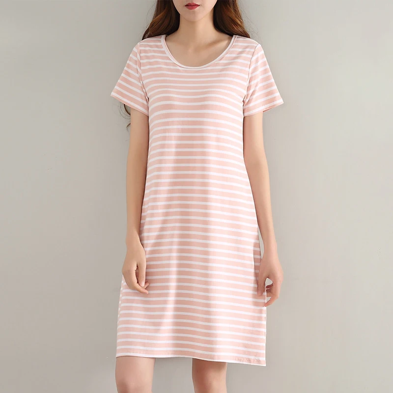 Plus Size Night Dress For Women Short-Sleeved Striped Nightgown Modal Cotton Loose Soft Nightwear Tops Women's Leisure Sleepwear