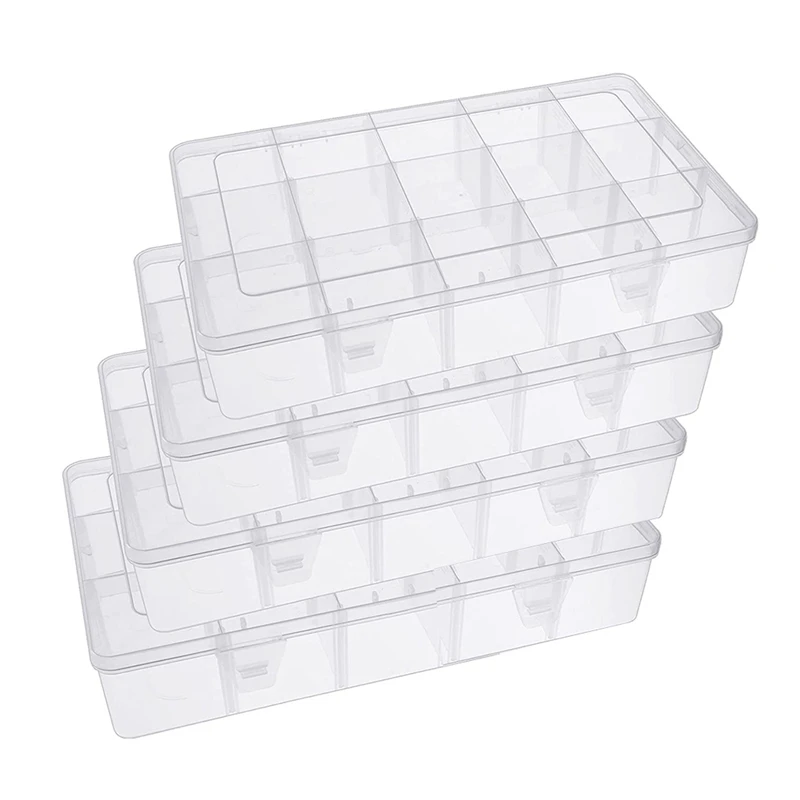 

Plastic Organizer Box 4 Pack 15 Large Grids Clear Storage Container with Adjustable Divider Removable Grid for DIY Tool