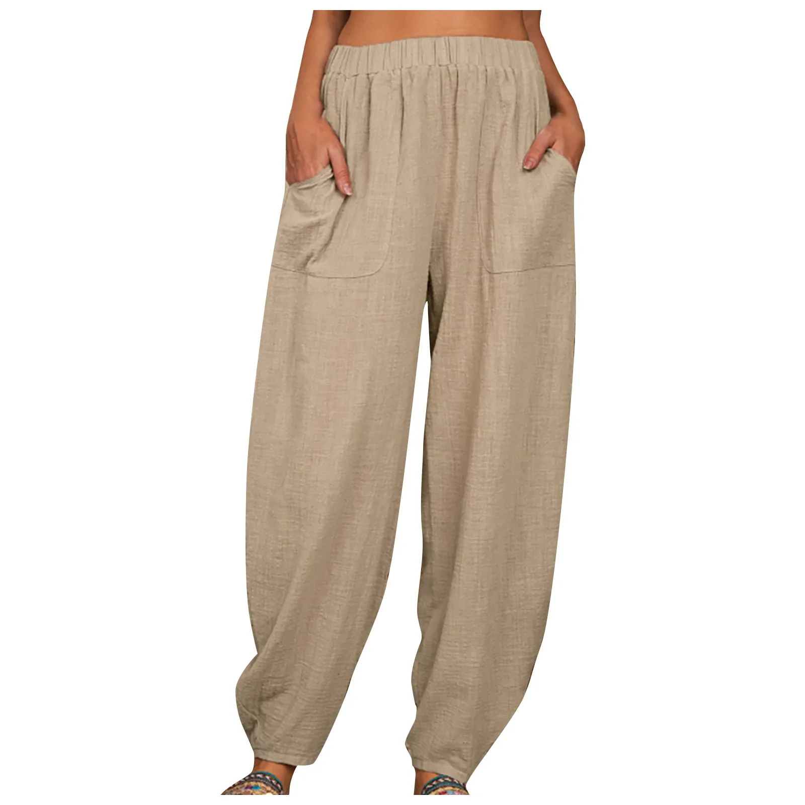 

Solid Linen Harem Pants Women Pocket Elastic Trousers Mid Waist Ankle-Length Pants Casual Wide Leg Home Sweatpants Female A30