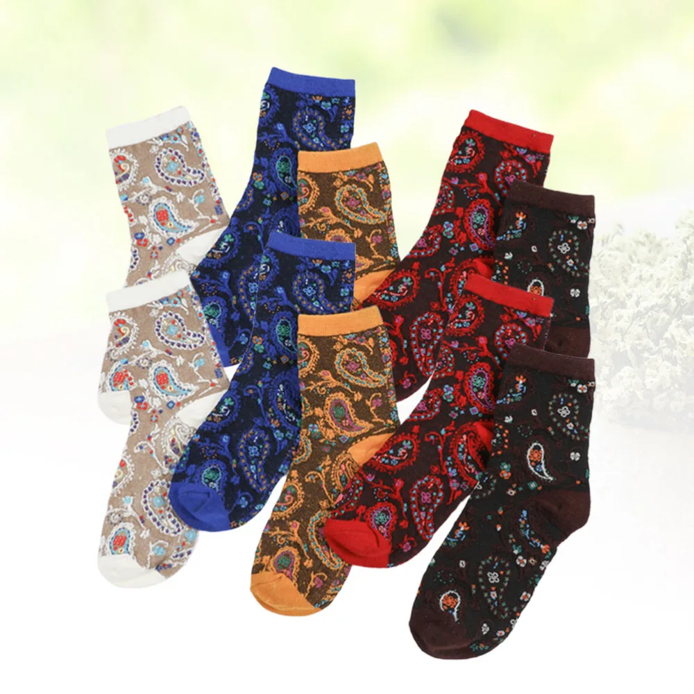 

5 Pairs Ethnic Style Cotton Stockings Stylish Cold Protection Socks Middle Tube Lady Socks for Autumn Winter (Coffee + Mil