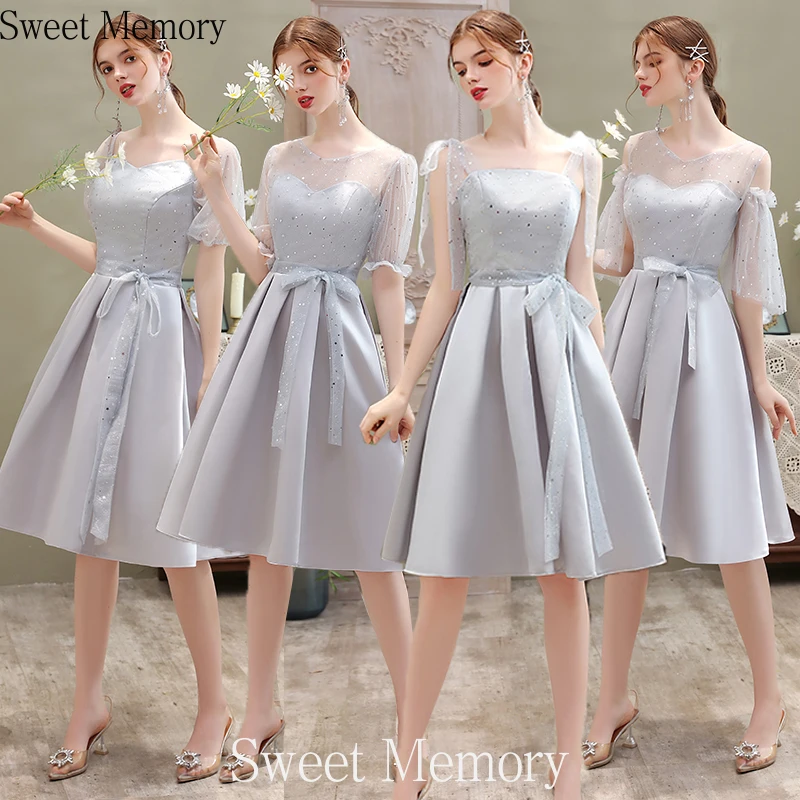 

N2069 2021 Sweet Memory Illusion Half Sleeve Gray Short Satin Bridesmaid Dresses Knee-Length Prom Dress Graduation Wedding Gown