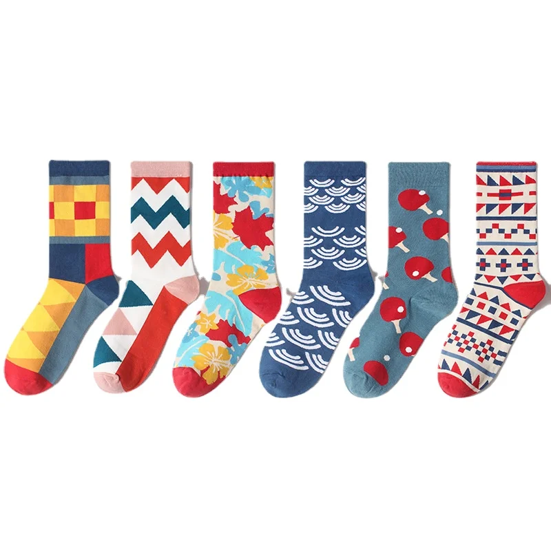 

Spring Autumn Creative Printing Socks Geometric Contrast Color Couple Socks Personality Harajuku Ethnic Style Cotton Stockings