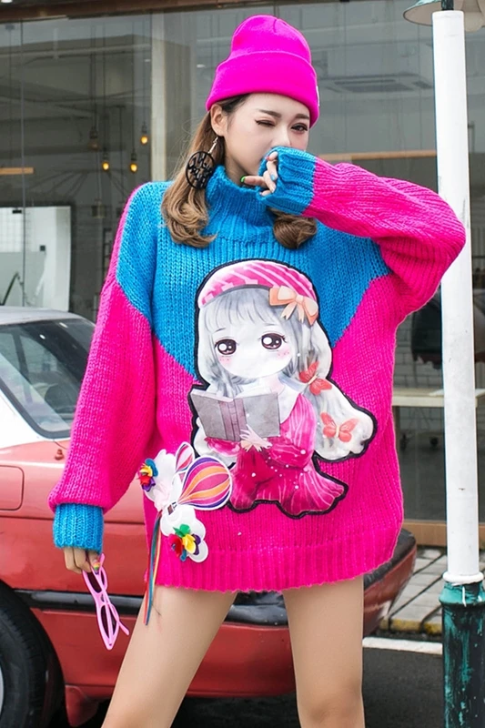 

Thailand tide brand fashion sequin pullover sweater female cartoon patch age reduction printing hit color chic wild knit
