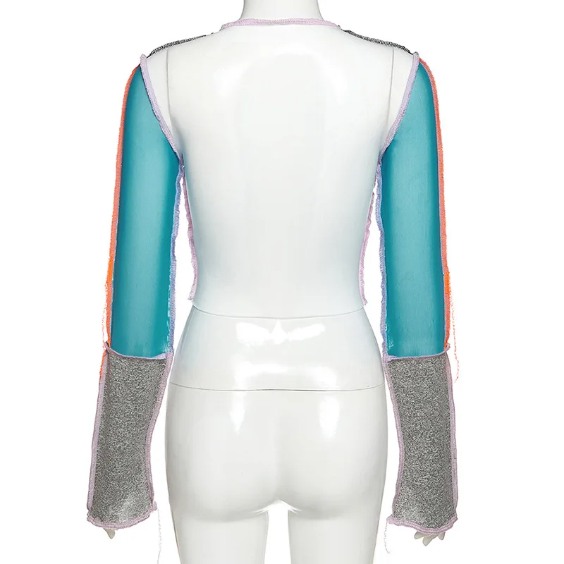 

Women's Sexy T-shirt Crew-Neck Long-Sleeve Top Contrasting Color Stitching Perspective Mesh T-shirt Women top women y2k top 2020