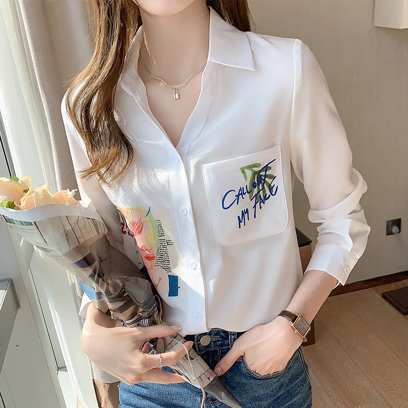 

COIGARSAM Fashion Full Sleeve Shirt Womens tops New Spring Casual Print Chiffon Women shirts 8386