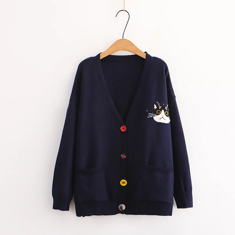 Женский свитер в Корейском стиле осенне-зимний Кардиган преппи с вышивкой кошки