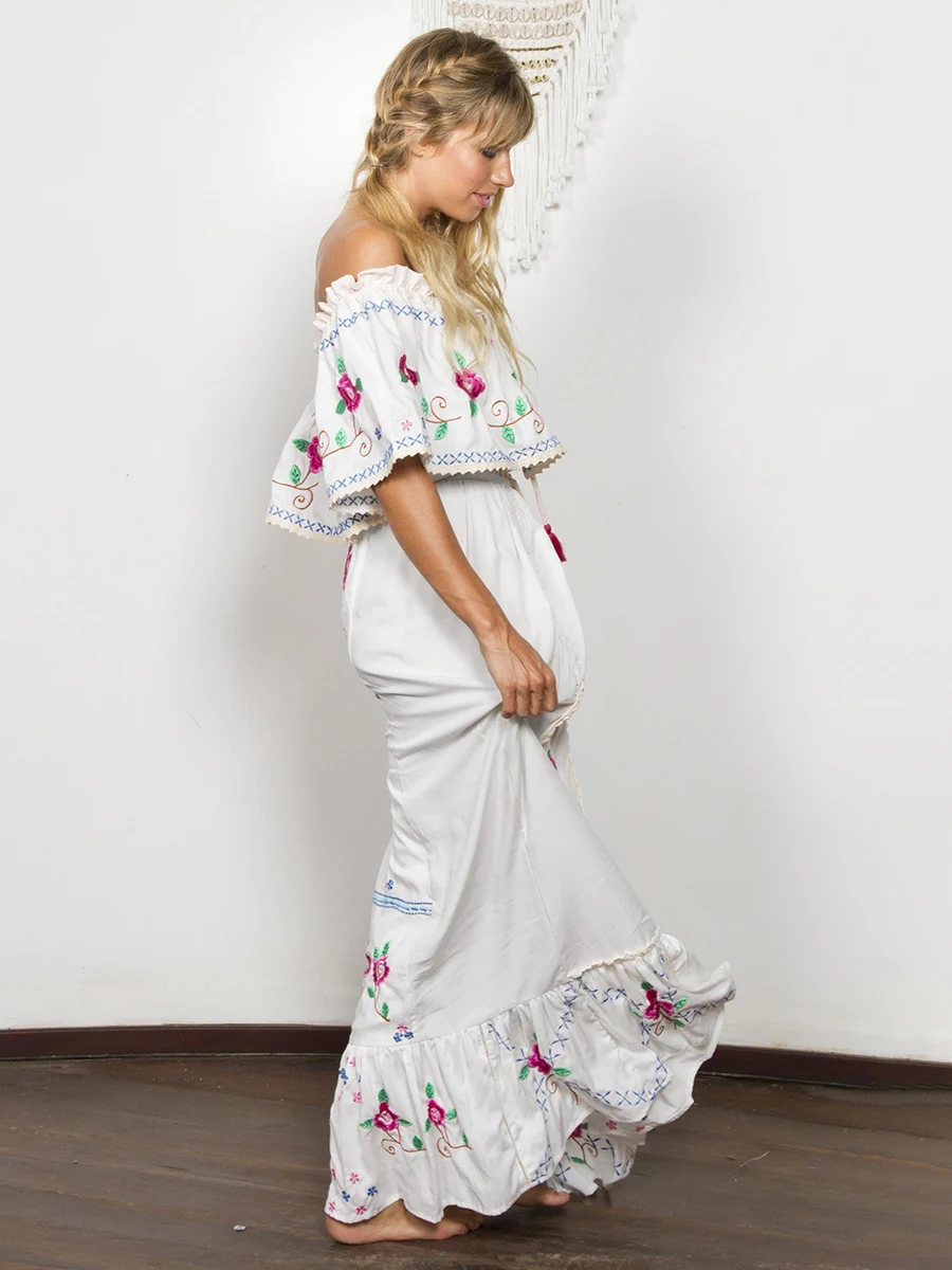 BOHO INSPIRED white Embroidered dess women Ruffle boho Dress off shoulder lace trim holiday summer dress elastic long | Женская одежда