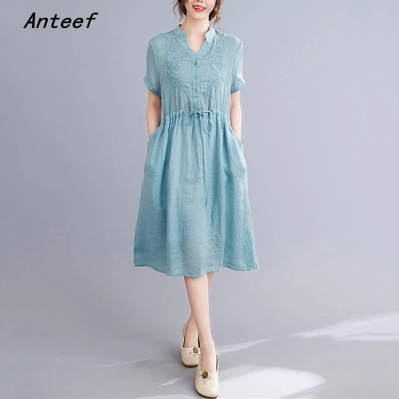 

short sleeve cotton linen vintage floral embroidery dresses for women casual loose summer dress elegant clothing 2022