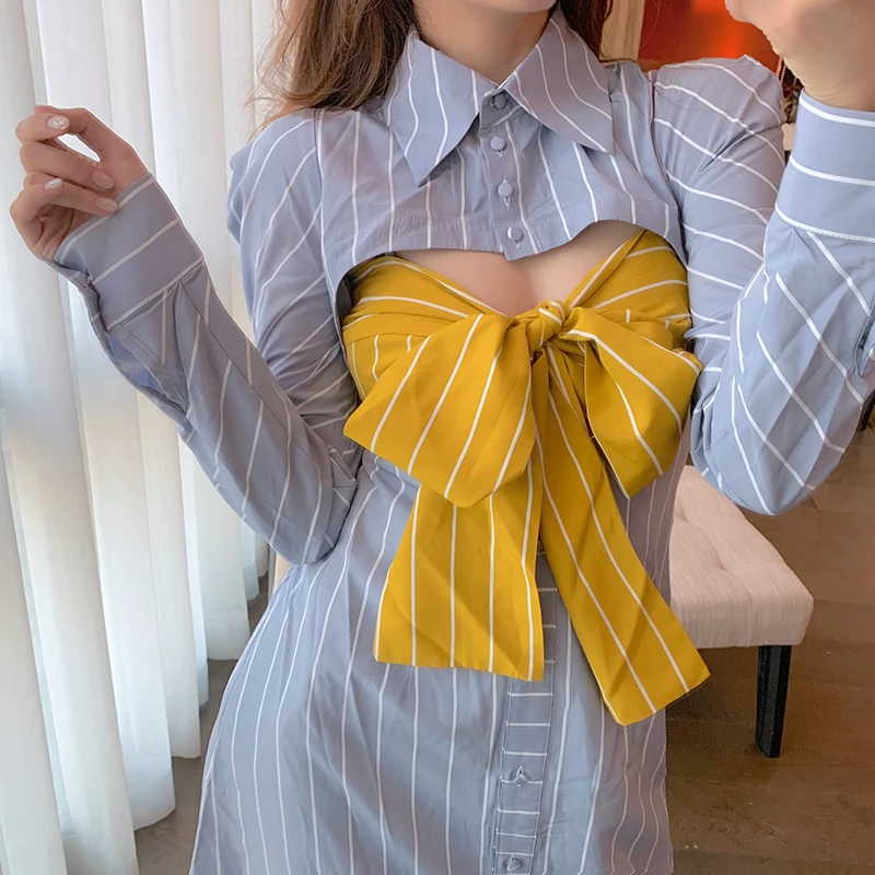 Женское однобортное платье в полоску длинное ажурное платье-рубашка с длинным