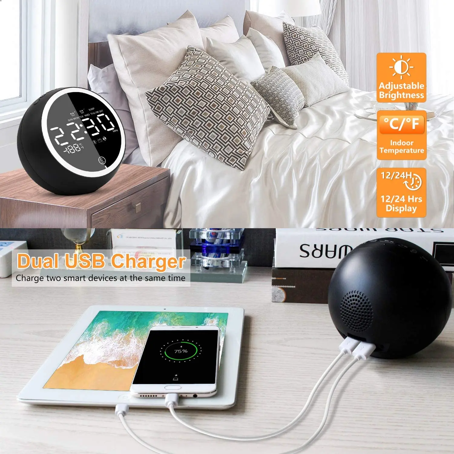 Cyboris Будильник Радио Bluetooth Hi-Fi Динамик двойные сигналы со звуковым сигналом