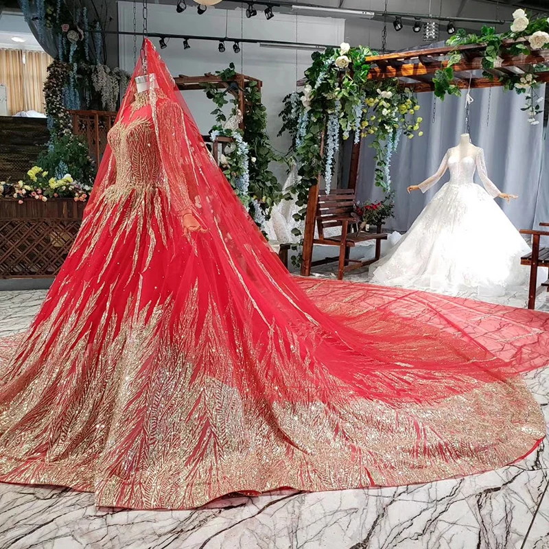 HTL795 muslim wedding dress with bridal veil beading pattern high neck long sleeves golden lace wedding gown red vestido novia