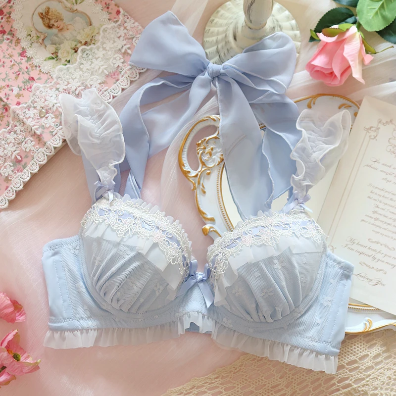Super Fairy Lace Ruffles Bra & Briefs Sexy Small Fresh Lolita Girl Plus-size Flower Embroidery Push Up Underwire Underwear Set