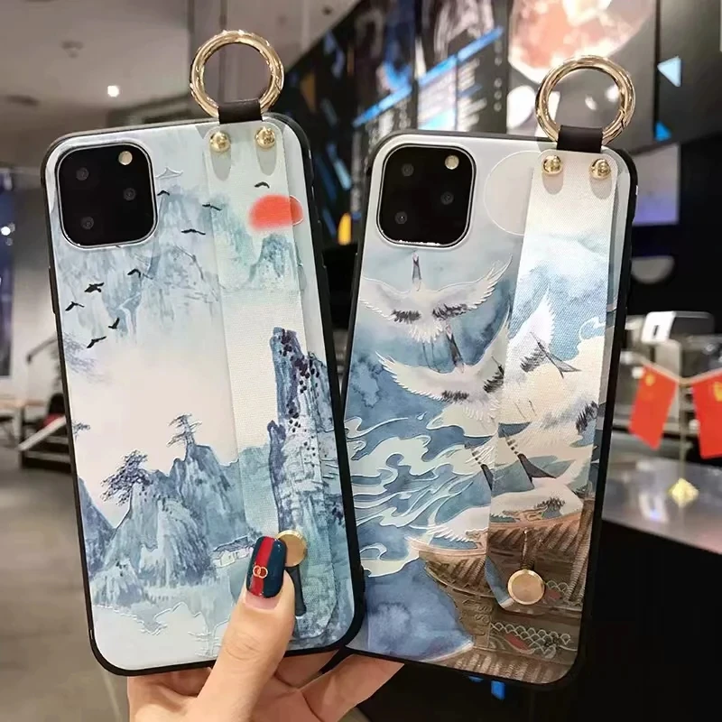 Чехол на запястье для iPhone 11 Pro X XS Max XR с чернильным пейзажным рисунком чехол